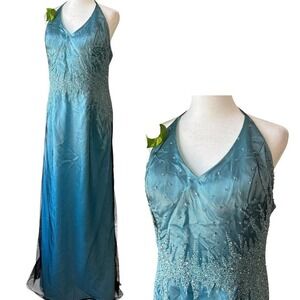 NWT Vtg Y2K Nadine 13 Maxi Black Tie Gown Halter Beaded Sheer Layer‎ Whimsygoth